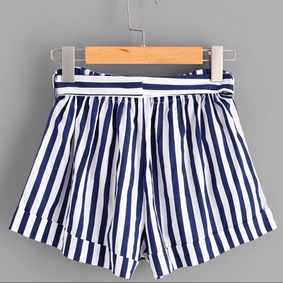 White/Navy Striped paper Bag Shorts - Picture 3 of 6